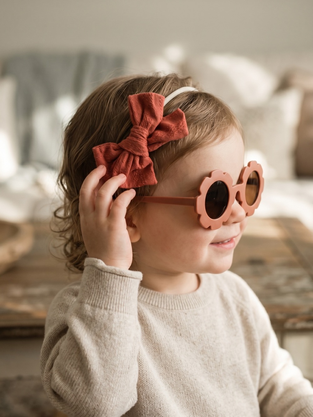 Toddler Girls Terracotta /Rust Flower Sunglasses & Matching Bow Headband Set